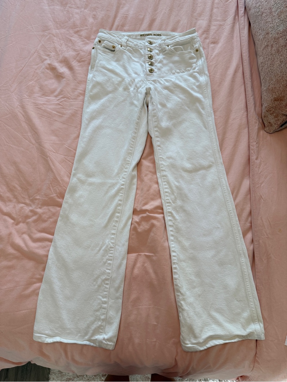 Michael Kors Cream High-Rise Wide Leg Jeans with Gold Hardware, Size 2